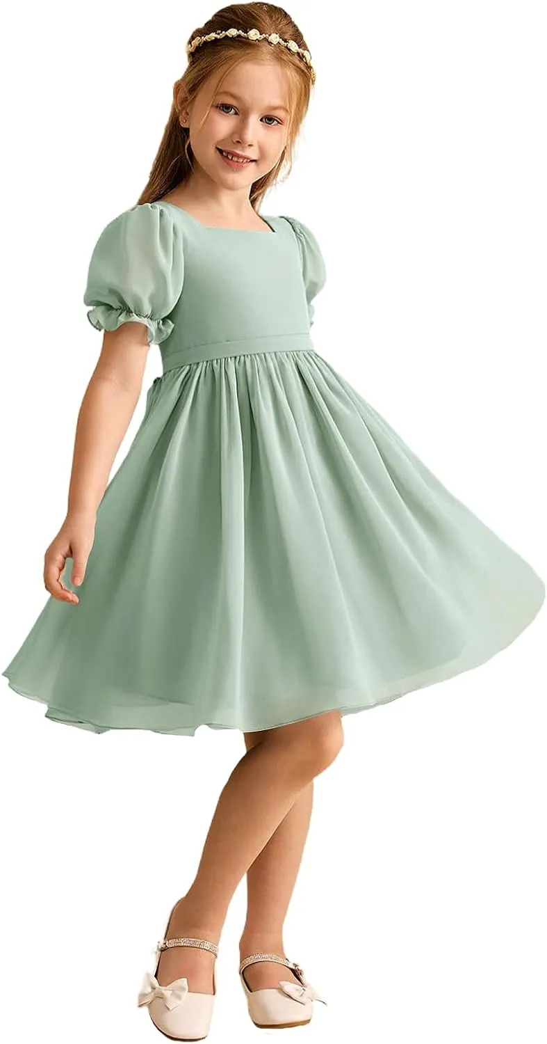 Junior Girls Bridesmaid Dress for Wedding Chiffon Short Puff Sleeve Flower Girl Dresses for Teen with Bow Back JR032