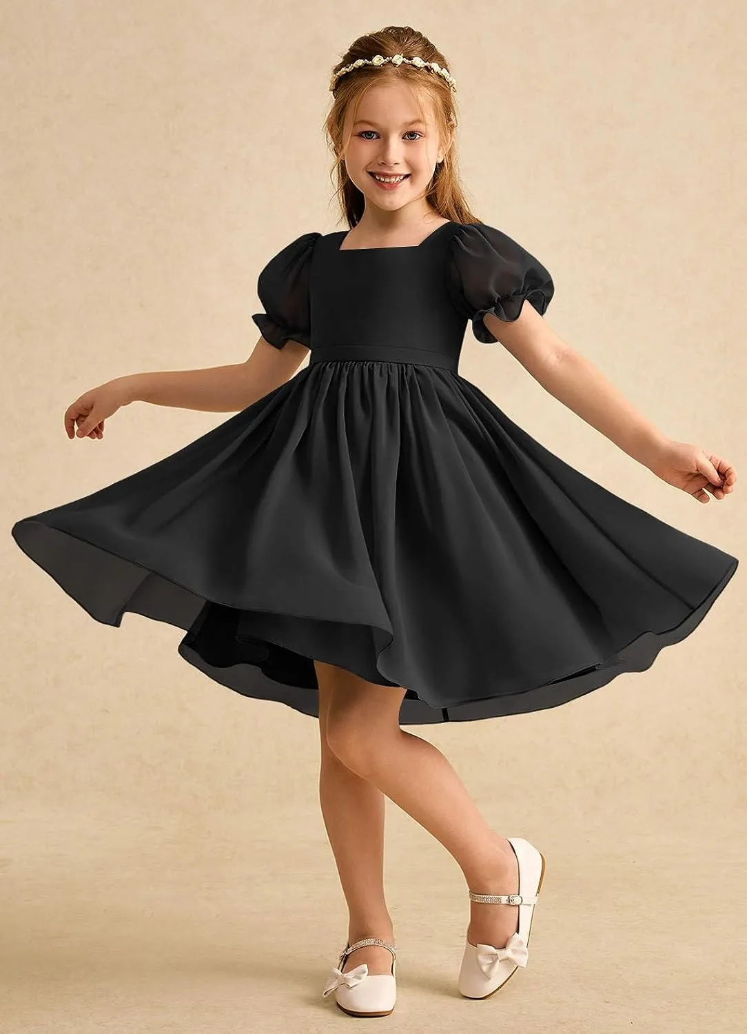 Junior Girls Bridesmaid Dress for Wedding Chiffon Short Puff Sleeve Flower Girl Dresses for Teen with Bow Back JR032