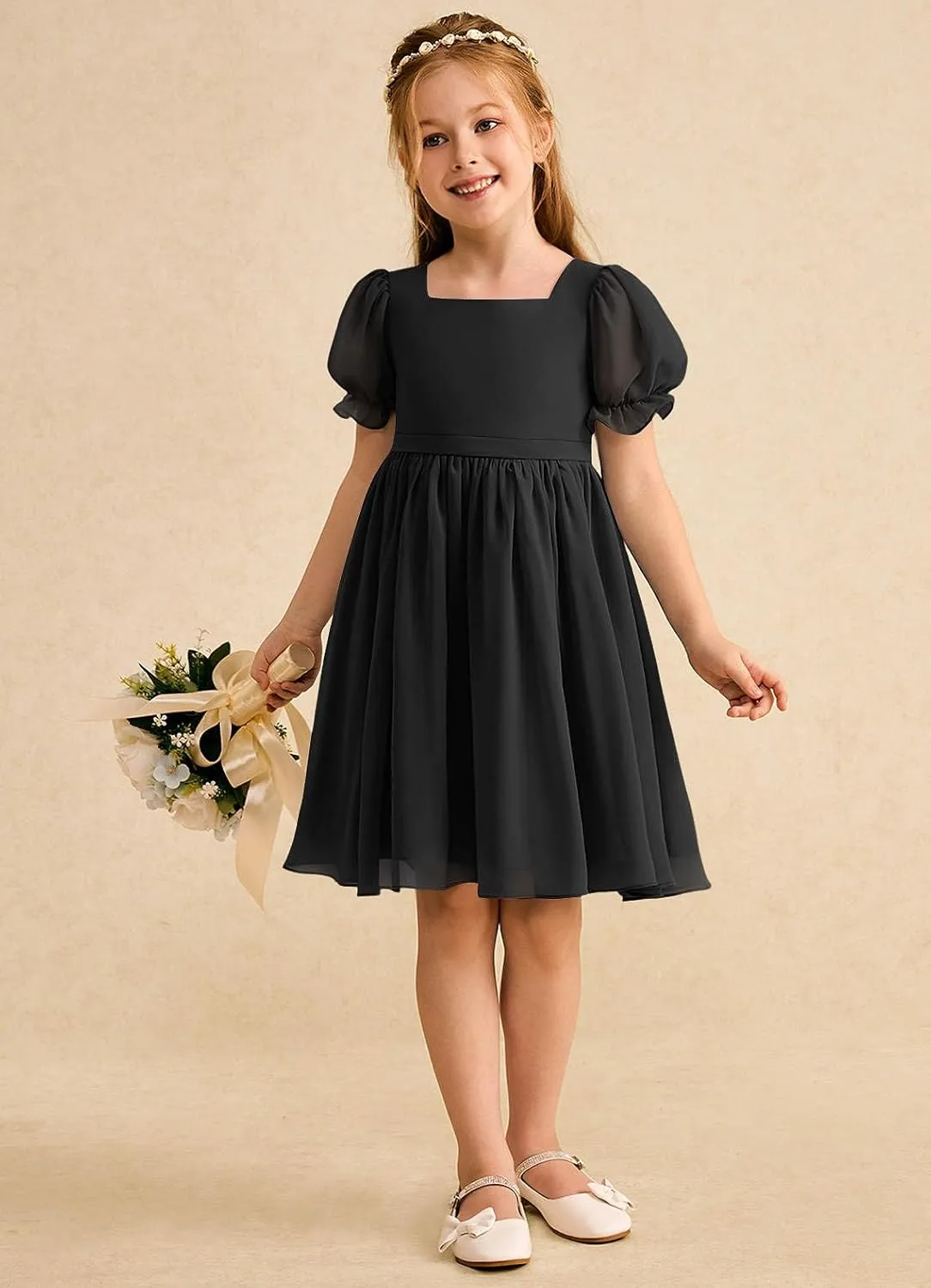 Junior Girls Bridesmaid Dress for Wedding Chiffon Short Puff Sleeve Flower Girl Dresses for Teen with Bow Back JR032