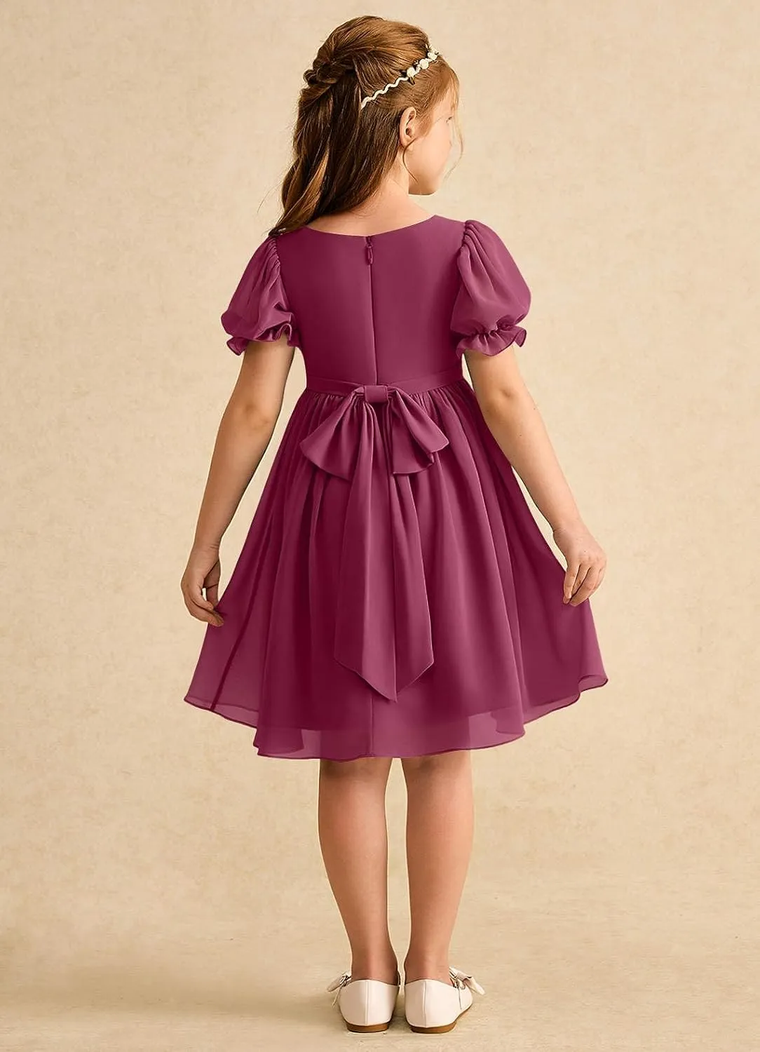 Junior Girls Bridesmaid Dress for Wedding Chiffon Short Puff Sleeve Flower Girl Dresses for Teen with Bow Back JR032