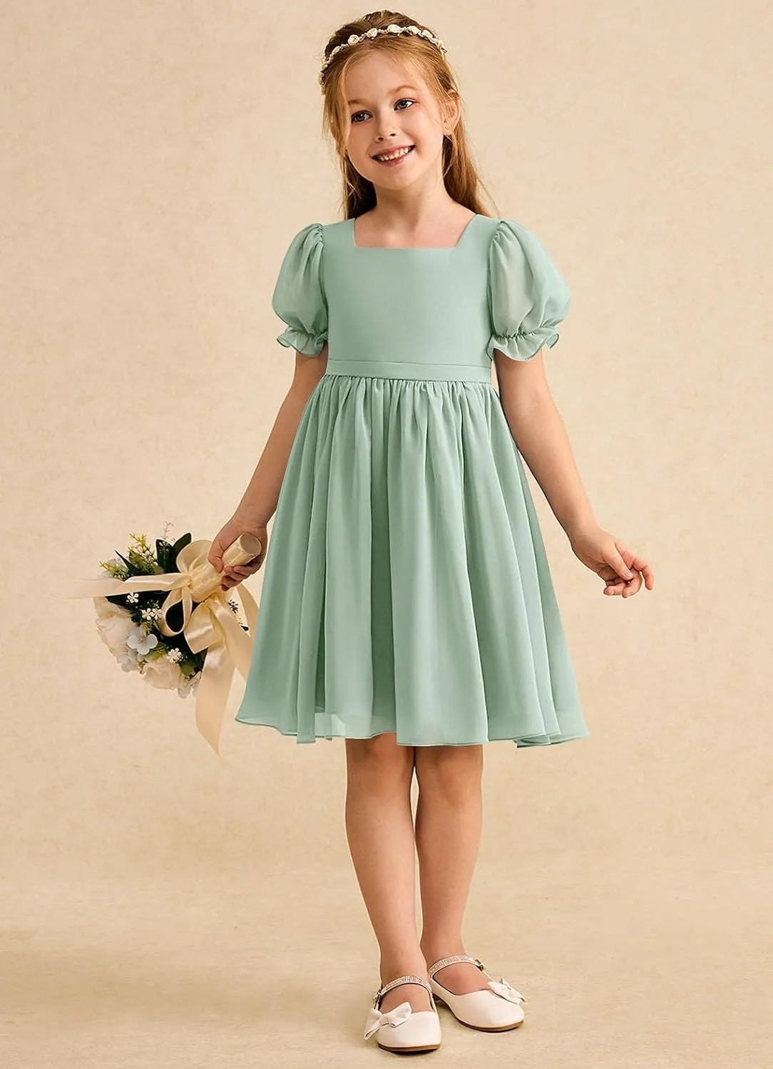 Junior Girls Bridesmaid Dress for Wedding Chiffon Short Puff Sleeve Flower Girl Dresses for Teen with Bow Back JR032