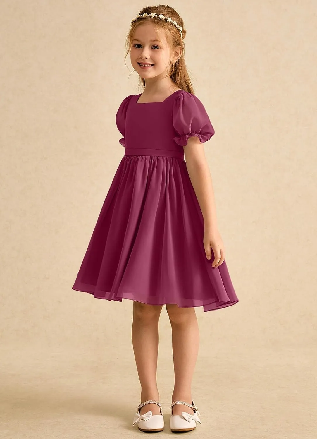 Junior Girls Bridesmaid Dress for Wedding Chiffon Short Puff Sleeve Flower Girl Dresses for Teen with Bow Back JR032
