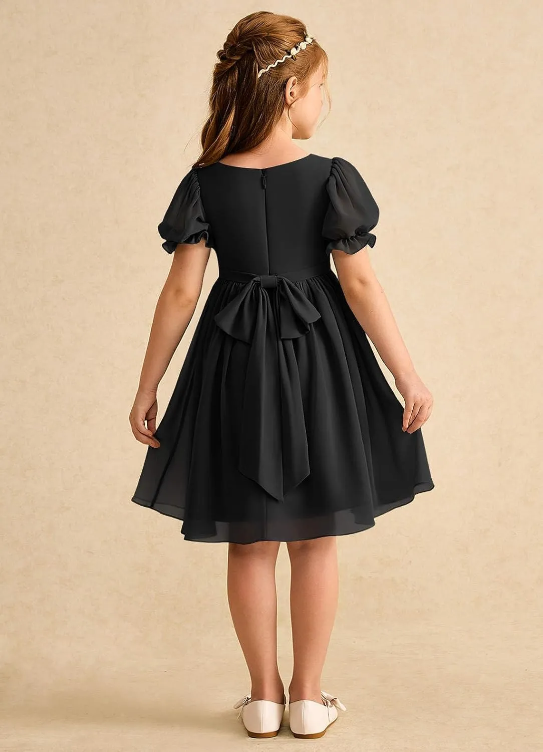 Junior Girls Bridesmaid Dress for Wedding Chiffon Short Puff Sleeve Flower Girl Dresses for Teen with Bow Back JR032