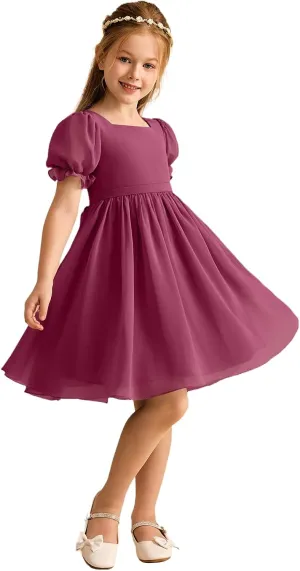Junior Girls Bridesmaid Dress for Wedding Chiffon Short Puff Sleeve Flower Girl Dresses for Teen with Bow Back JR032