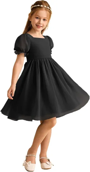 Junior Girls Bridesmaid Dress for Wedding Chiffon Short Puff Sleeve Flower Girl Dresses for Teen with Bow Back JR032
