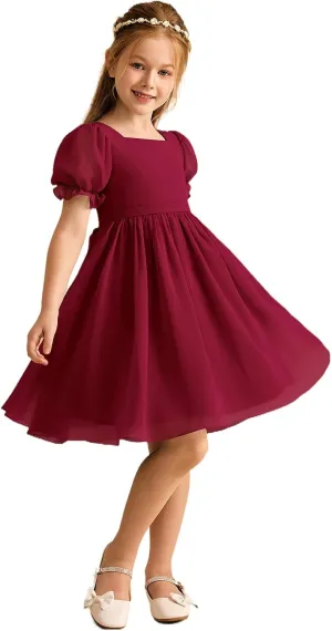 Junior Girls Bridesmaid Dress for Wedding Chiffon Short Puff Sleeve Flower Girl Dresses for Teen with Bow Back JR032