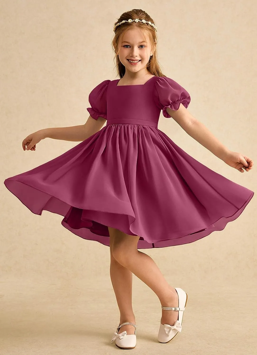 Junior Girls Bridesmaid Dress for Wedding Chiffon Short Puff Sleeve Flower Girl Dresses for Teen with Bow Back JR032