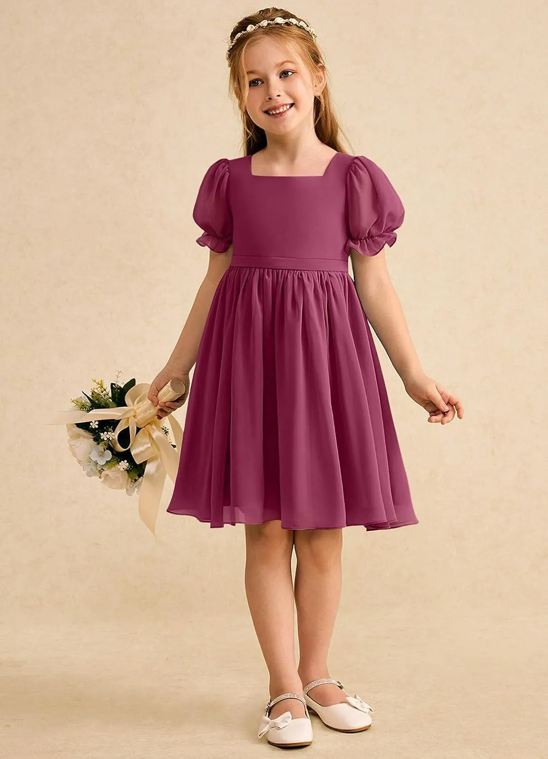 Junior Girls Bridesmaid Dress for Wedding Chiffon Short Puff Sleeve Flower Girl Dresses for Teen with Bow Back JR032