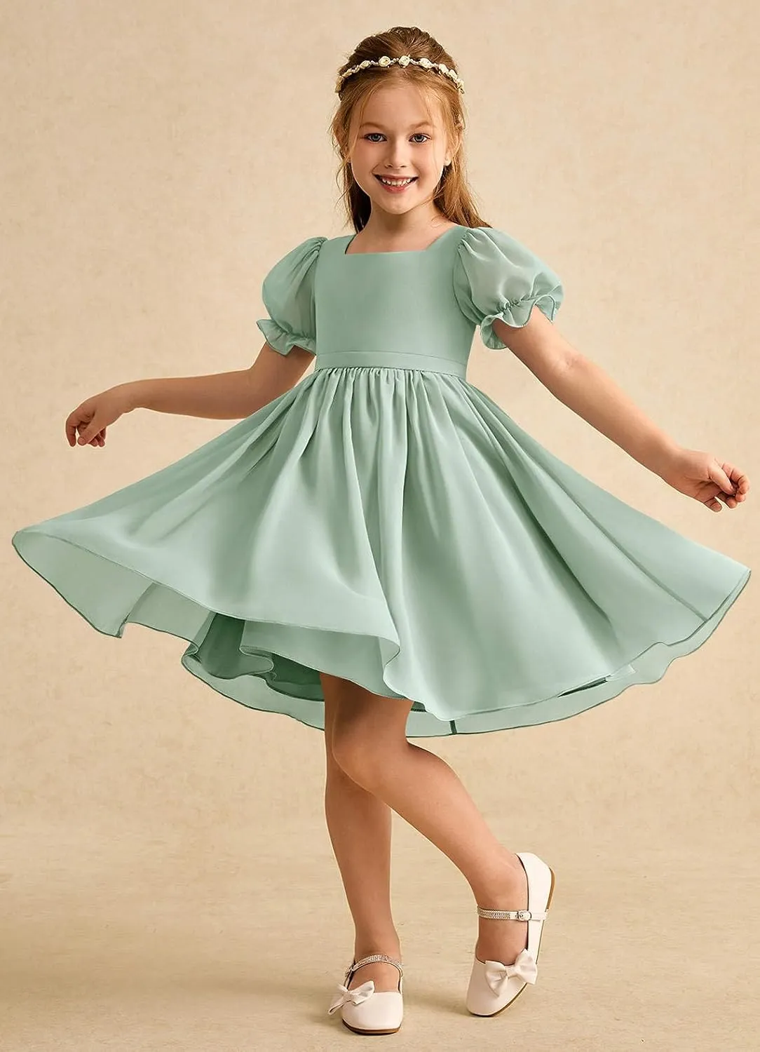 Junior Girls Bridesmaid Dress for Wedding Chiffon Short Puff Sleeve Flower Girl Dresses for Teen with Bow Back JR032