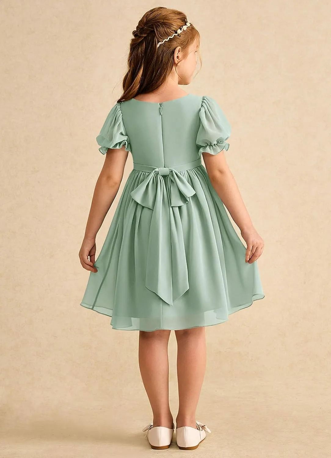 Junior Girls Bridesmaid Dress for Wedding Chiffon Short Puff Sleeve Flower Girl Dresses for Teen with Bow Back JR032