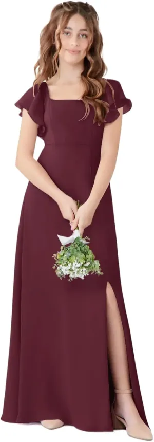 Junior Girls Bridesmaid Dress for Wedding Chiffon Short Sleeve Flower Girl Dresses for Teen with Slit JR001