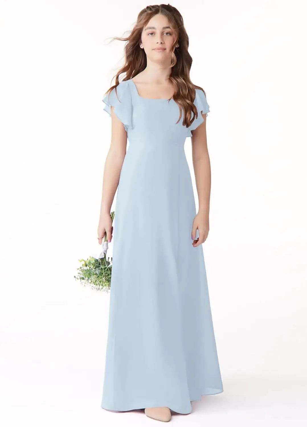 Junior Girls Bridesmaid Dress for Wedding Chiffon Short Sleeve Flower Girl Dresses for Teen with Slit JR001