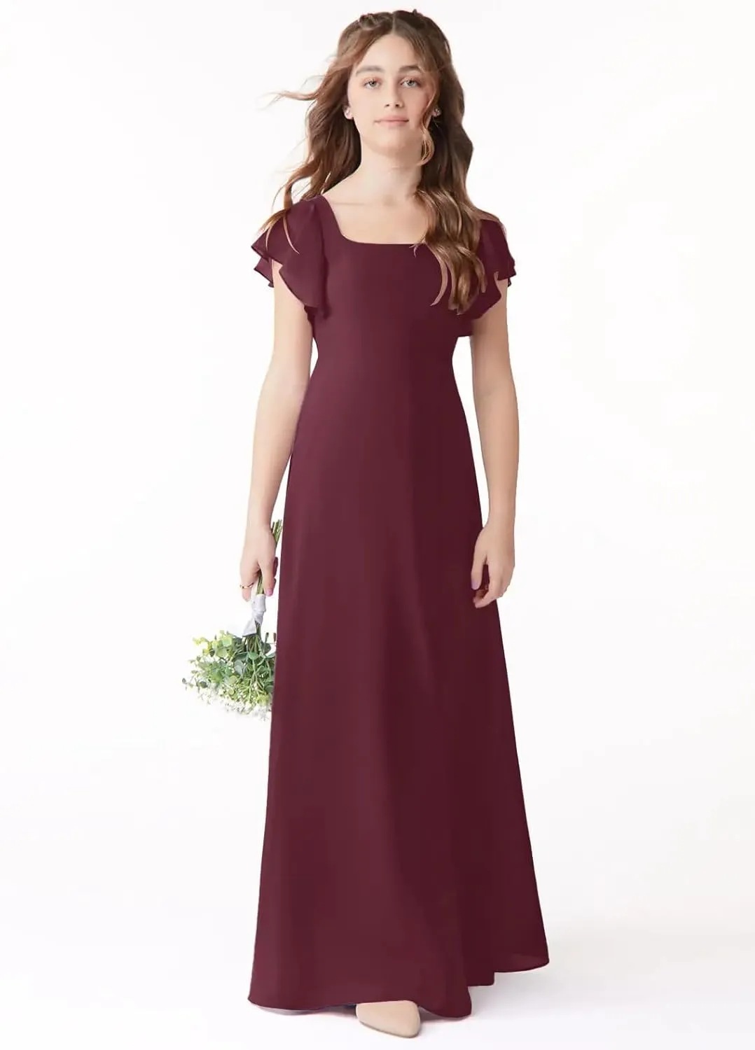 Junior Girls Bridesmaid Dress for Wedding Chiffon Short Sleeve Flower Girl Dresses for Teen with Slit JR001