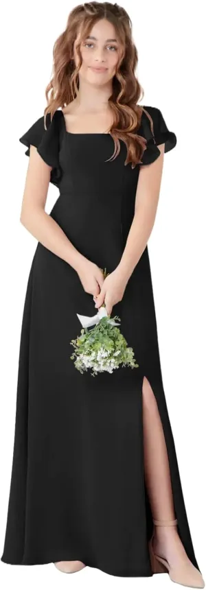 Junior Girls Bridesmaid Dress for Wedding Chiffon Short Sleeve Flower Girl Dresses for Teen with Slit JR001