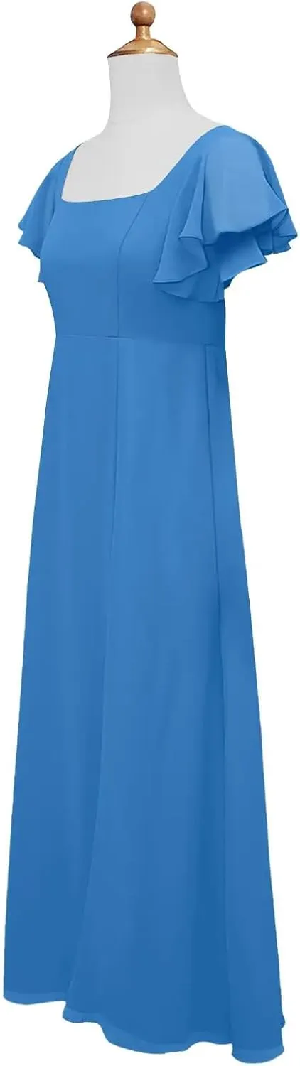 Junior Girls Bridesmaid Dress for Wedding Chiffon Short Sleeve Flower Girl Dresses for Teen with Slit JR001
