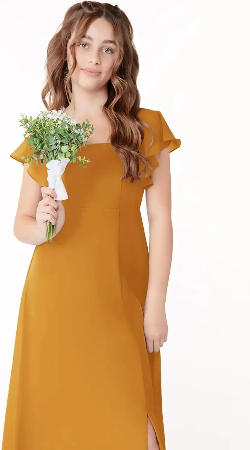 Junior Girls Bridesmaid Dress for Wedding Chiffon Short Sleeve Flower Girl Dresses for Teen with Slit JR001