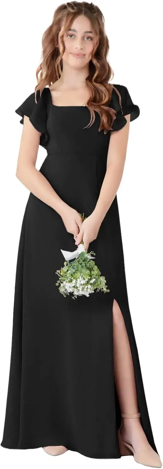 Junior Girls Bridesmaid Dress for Wedding Chiffon Short Sleeve Flower Girl Dresses for Teen with Slit JR001