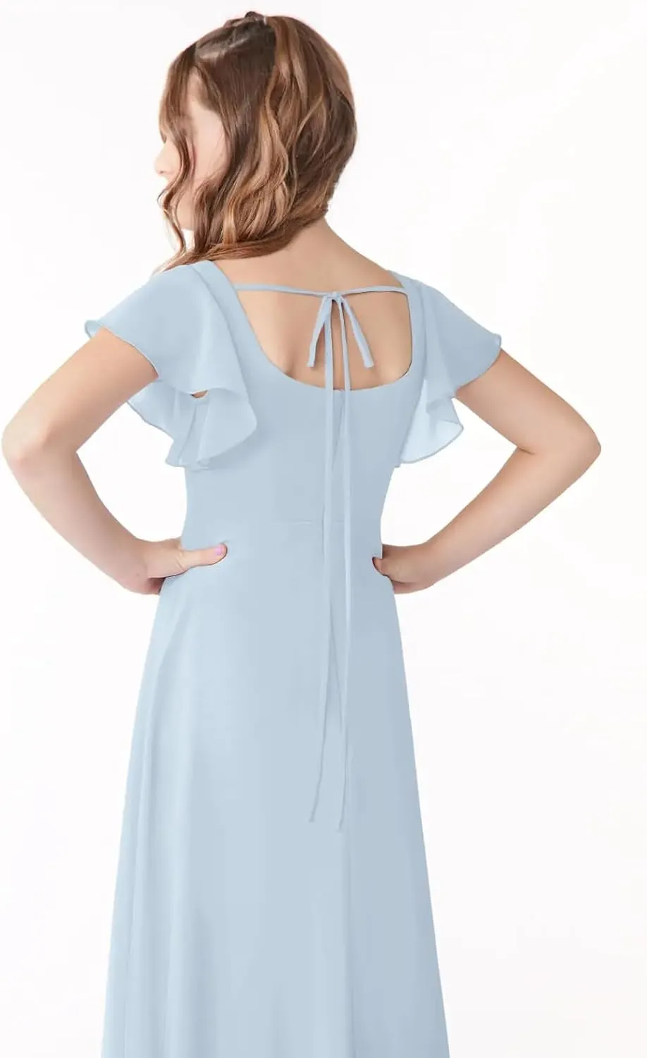 Junior Girls Bridesmaid Dress for Wedding Chiffon Short Sleeve Flower Girl Dresses for Teen with Slit JR001