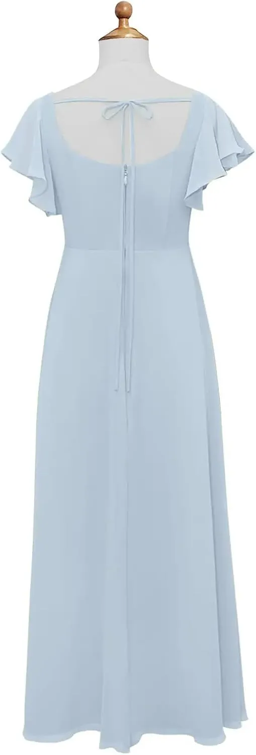 Junior Girls Bridesmaid Dress for Wedding Chiffon Short Sleeve Flower Girl Dresses for Teen with Slit JR001