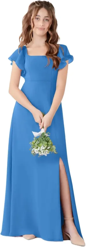 Junior Girls Bridesmaid Dress for Wedding Chiffon Short Sleeve Flower Girl Dresses for Teen with Slit JR001
