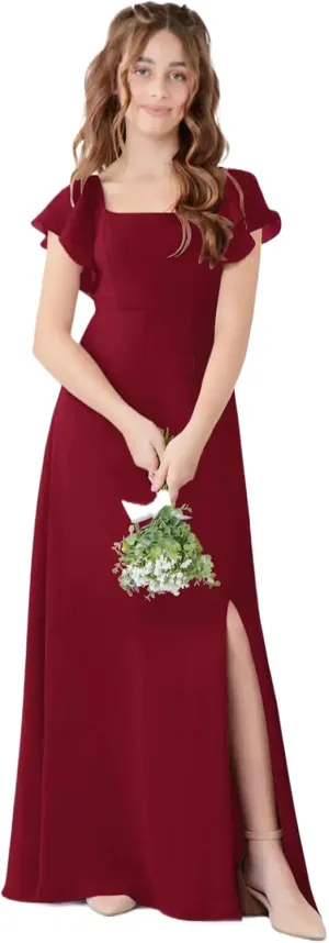 Junior Girls Bridesmaid Dress for Wedding Chiffon Short Sleeve Flower Girl Dresses for Teen with Slit JR001