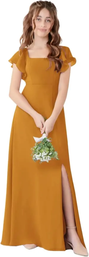 Junior Girls Bridesmaid Dress for Wedding Chiffon Short Sleeve Flower Girl Dresses for Teen with Slit JR001