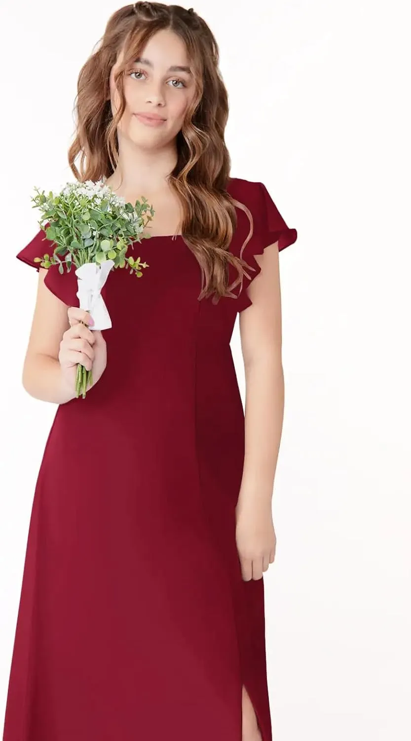 Junior Girls Bridesmaid Dress for Wedding Chiffon Short Sleeve Flower Girl Dresses for Teen with Slit JR001