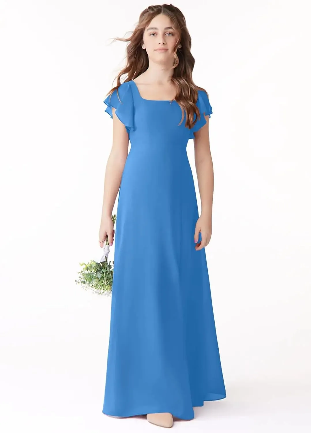 Junior Girls Bridesmaid Dress for Wedding Chiffon Short Sleeve Flower Girl Dresses for Teen with Slit JR001