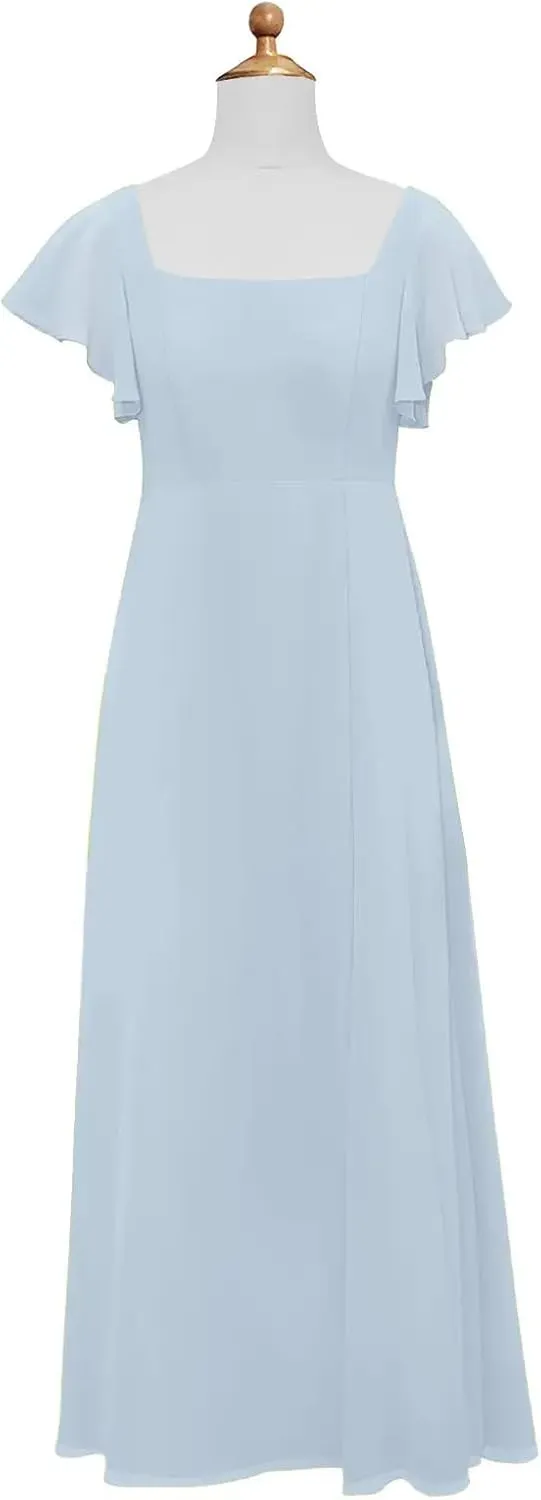 Junior Girls Bridesmaid Dress for Wedding Chiffon Short Sleeve Flower Girl Dresses for Teen with Slit JR001