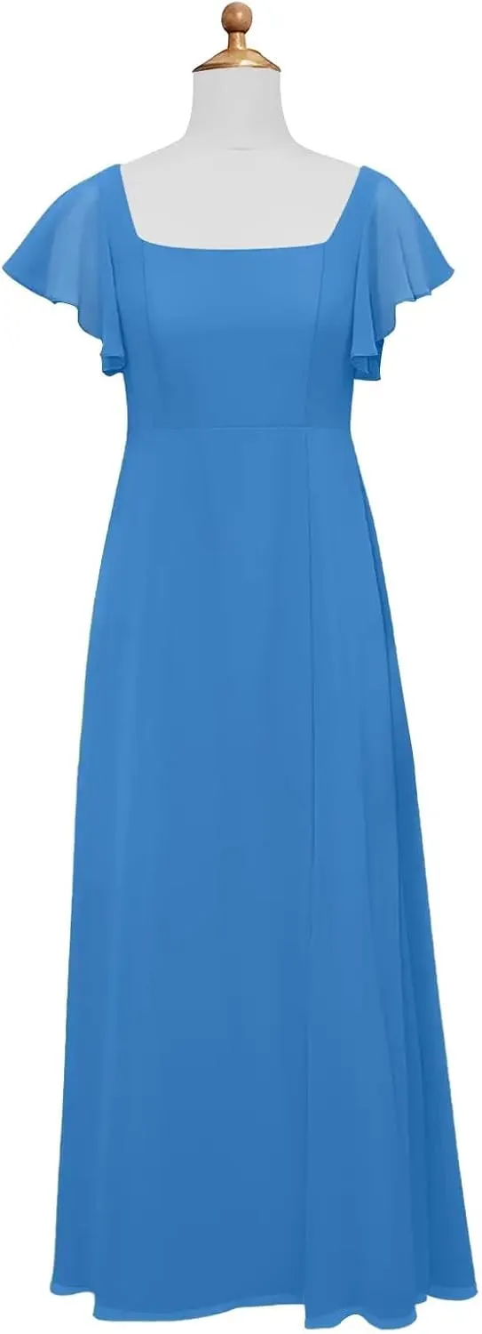 Junior Girls Bridesmaid Dress for Wedding Chiffon Short Sleeve Flower Girl Dresses for Teen with Slit JR001