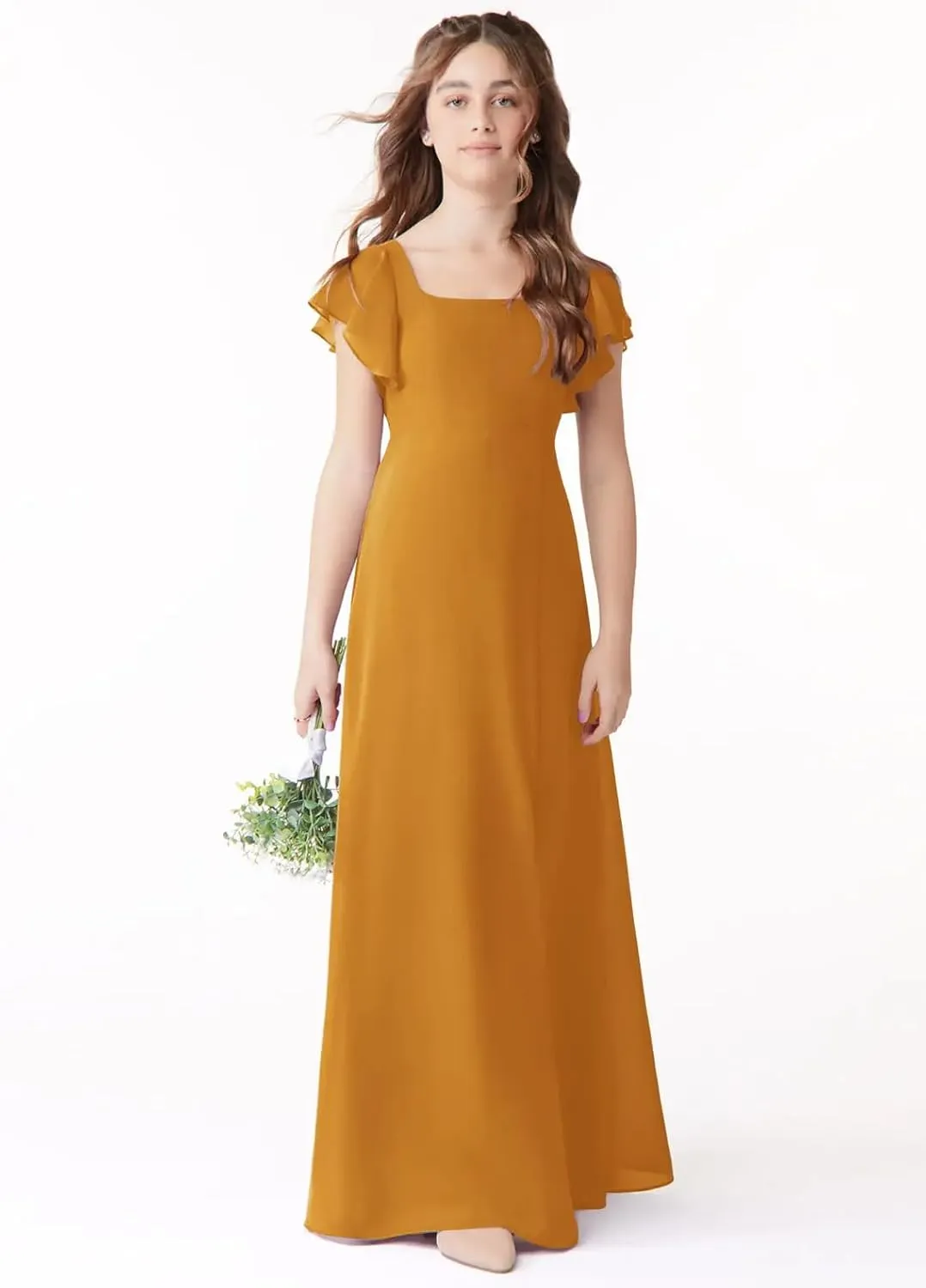 Junior Girls Bridesmaid Dress for Wedding Chiffon Short Sleeve Flower Girl Dresses for Teen with Slit JR001