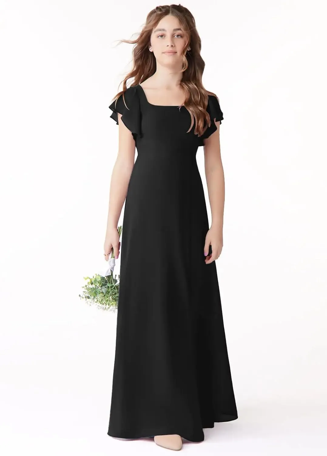 Junior Girls Bridesmaid Dress for Wedding Chiffon Short Sleeve Flower Girl Dresses for Teen with Slit JR001