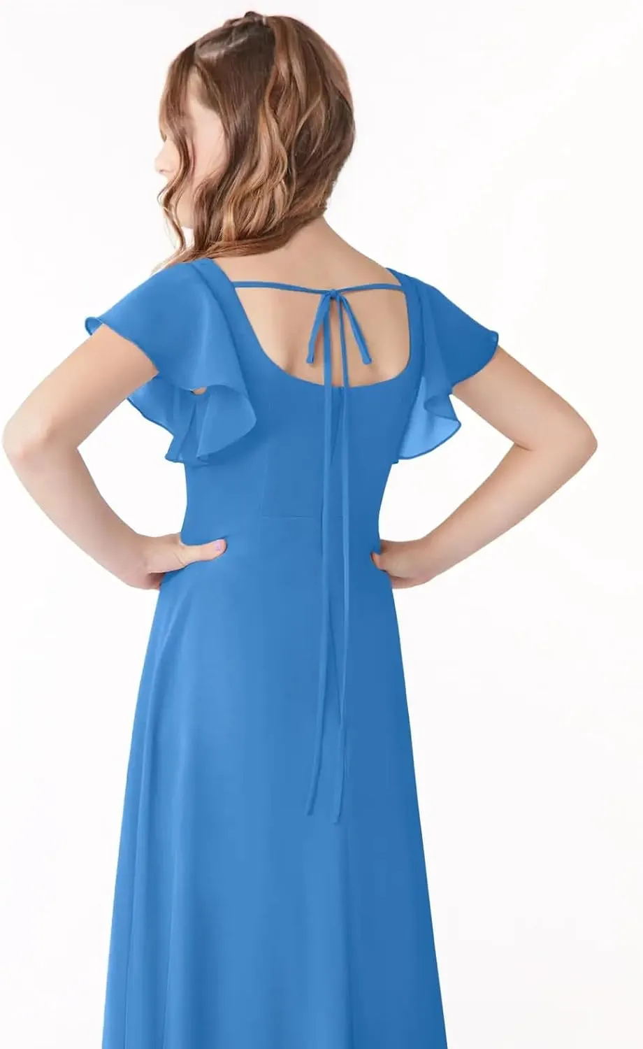 Junior Girls Bridesmaid Dress for Wedding Chiffon Short Sleeve Flower Girl Dresses for Teen with Slit JR001