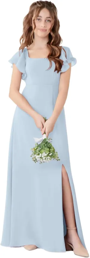 Junior Girls Bridesmaid Dress for Wedding Chiffon Short Sleeve Flower Girl Dresses for Teen with Slit JR001