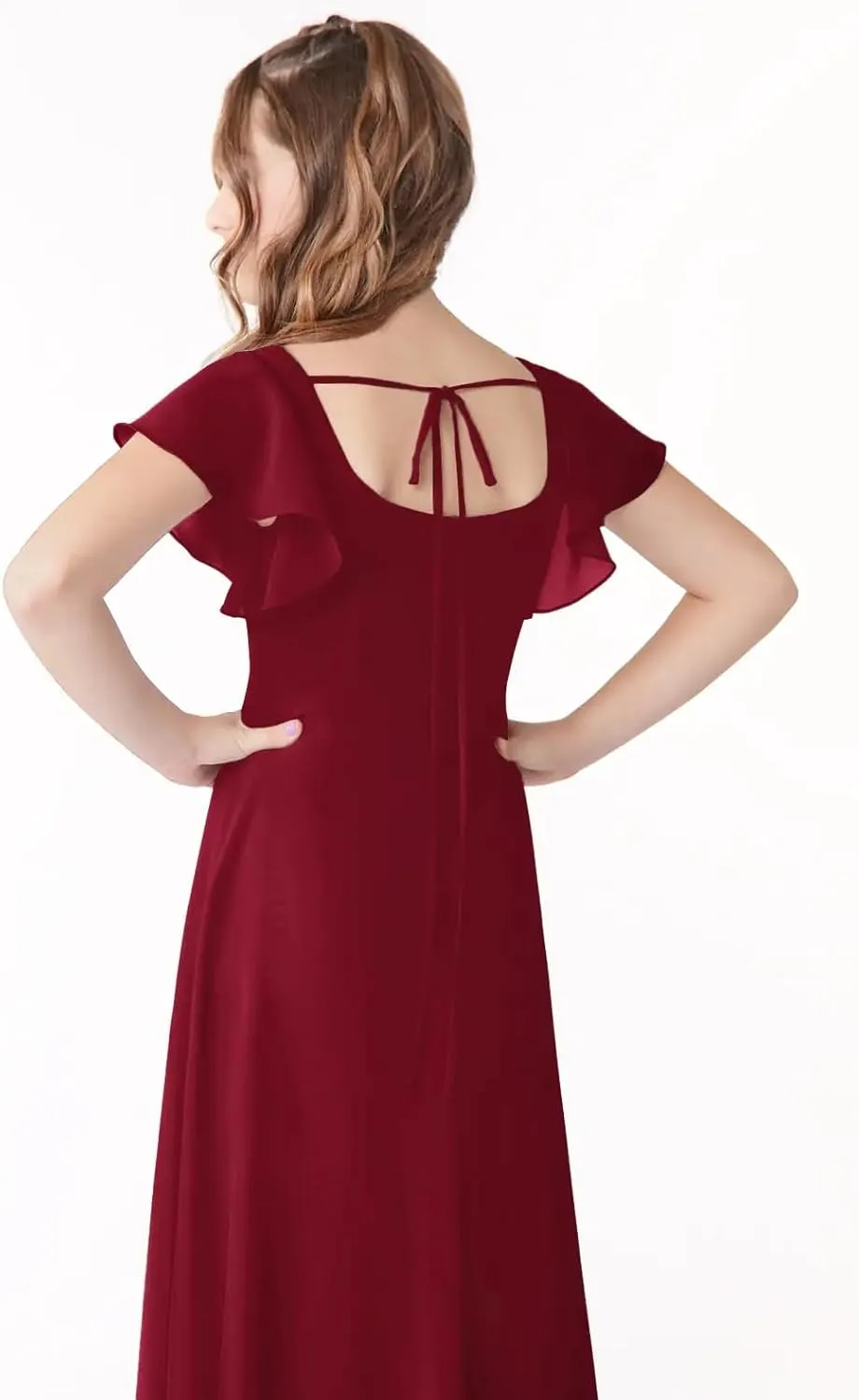 Junior Girls Bridesmaid Dress for Wedding Chiffon Short Sleeve Flower Girl Dresses for Teen with Slit JR001