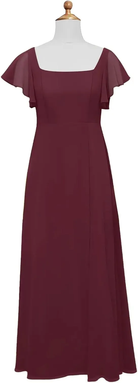 Junior Girls Bridesmaid Dress for Wedding Chiffon Short Sleeve Flower Girl Dresses for Teen with Slit JR001