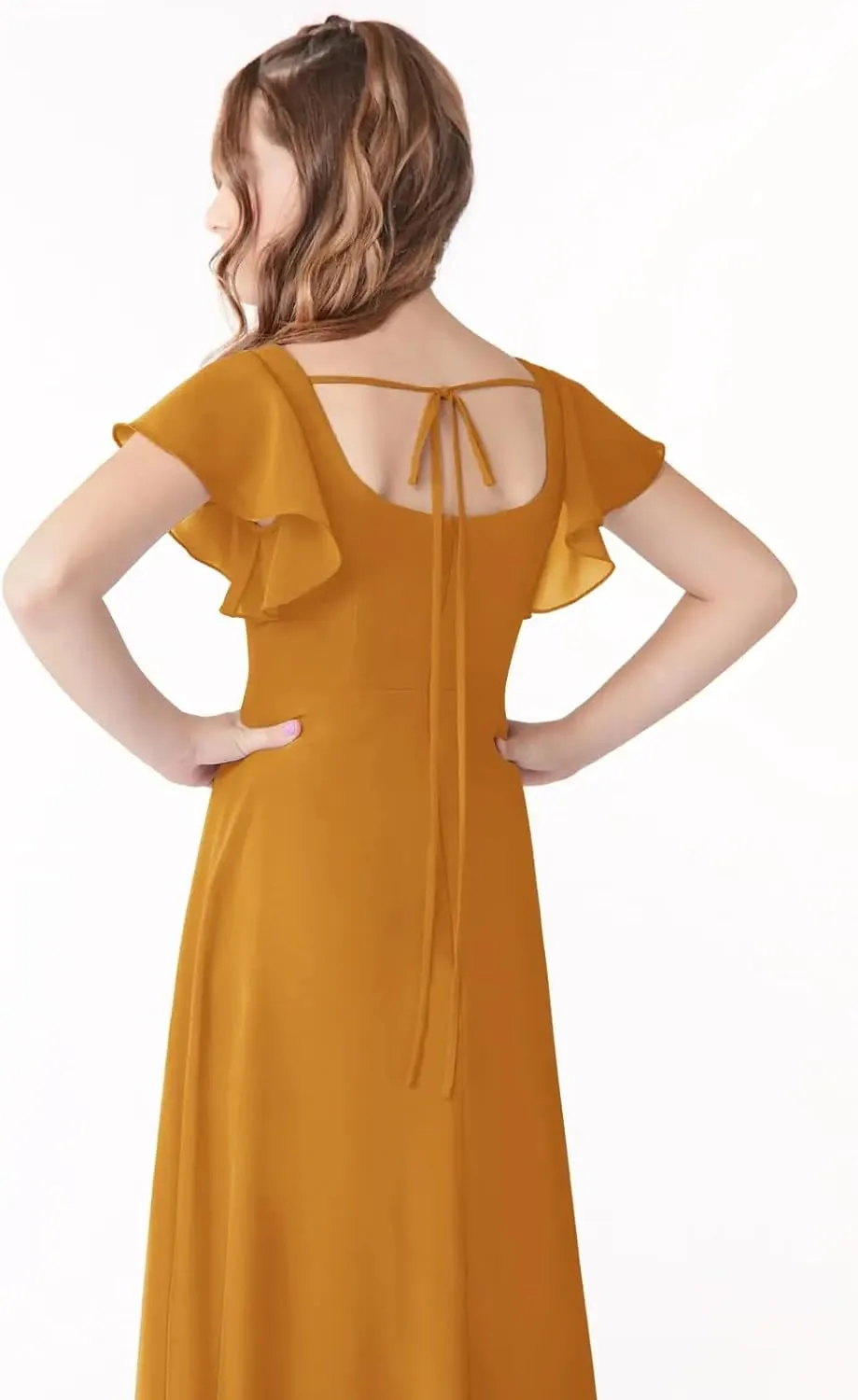 Junior Girls Bridesmaid Dress for Wedding Chiffon Short Sleeve Flower Girl Dresses for Teen with Slit JR001