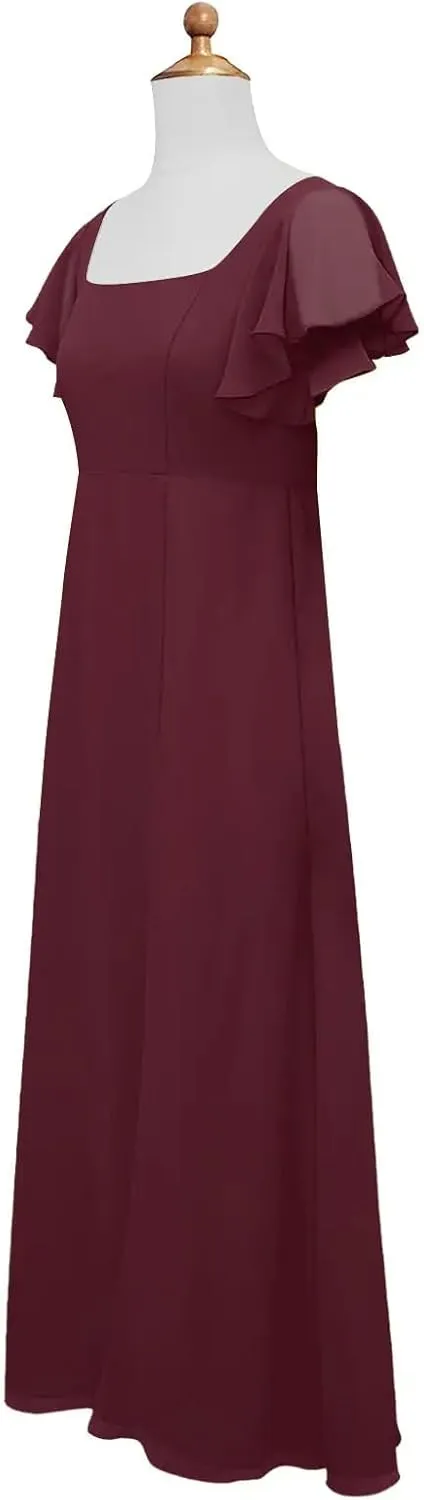 Junior Girls Bridesmaid Dress for Wedding Chiffon Short Sleeve Flower Girl Dresses for Teen with Slit JR001