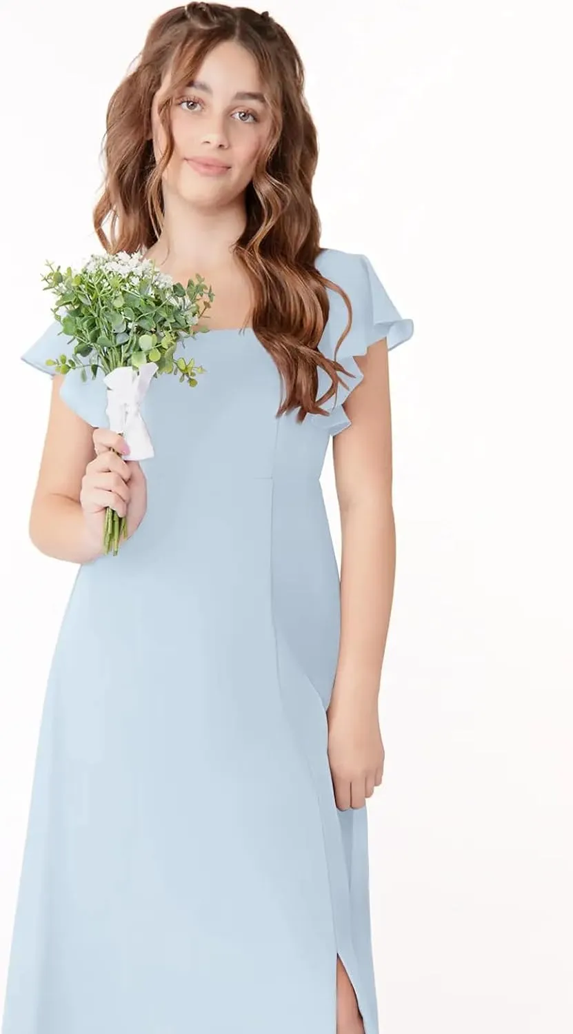Junior Girls Bridesmaid Dress for Wedding Chiffon Short Sleeve Flower Girl Dresses for Teen with Slit JR001