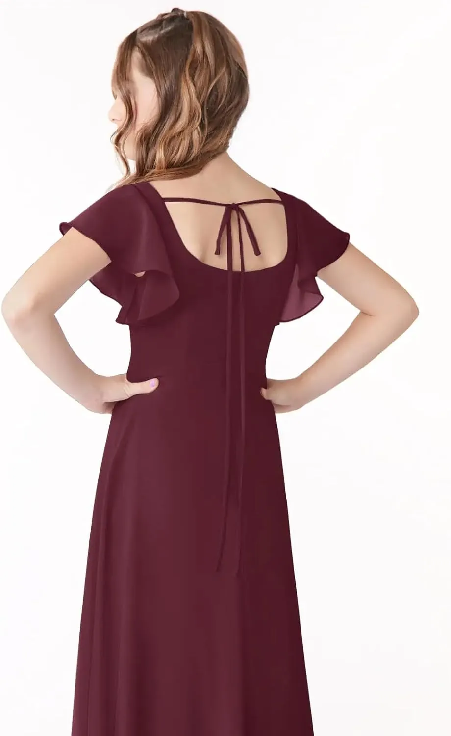 Junior Girls Bridesmaid Dress for Wedding Chiffon Short Sleeve Flower Girl Dresses for Teen with Slit JR001
