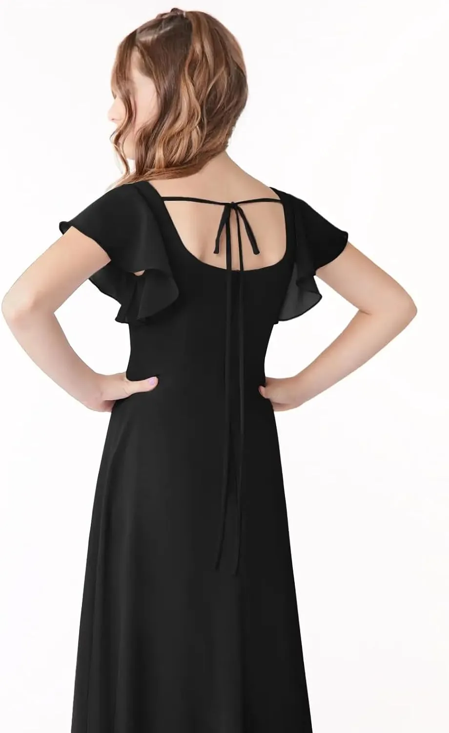 Junior Girls Bridesmaid Dress for Wedding Chiffon Short Sleeve Flower Girl Dresses for Teen with Slit JR001
