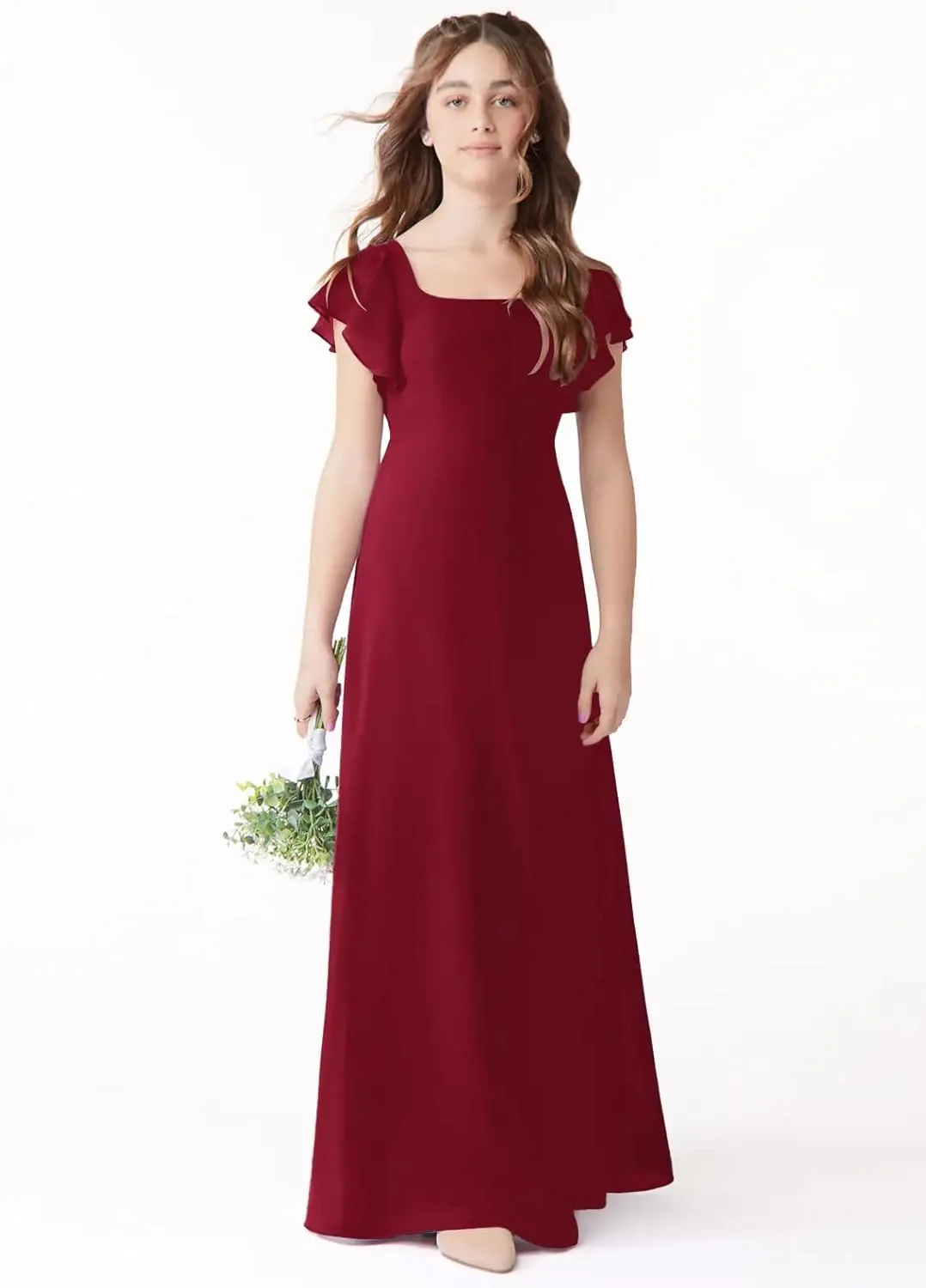 Junior Girls Bridesmaid Dress for Wedding Chiffon Short Sleeve Flower Girl Dresses for Teen with Slit JR001