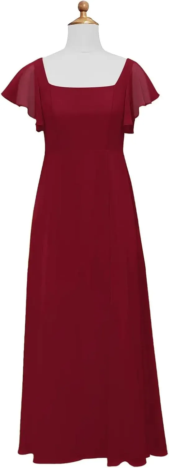 Junior Girls Bridesmaid Dress for Wedding Chiffon Short Sleeve Flower Girl Dresses for Teen with Slit JR001