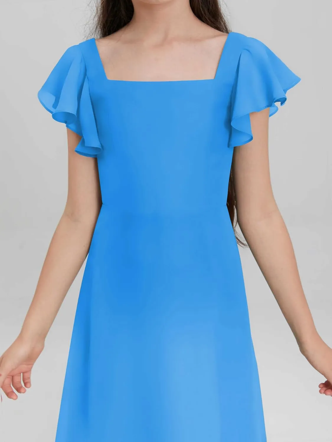 Junior Girls Bridesmaid Dress for Wedding Chiffon Short Sleeve Flower Girl Dresses for Teen with Slit JRN001