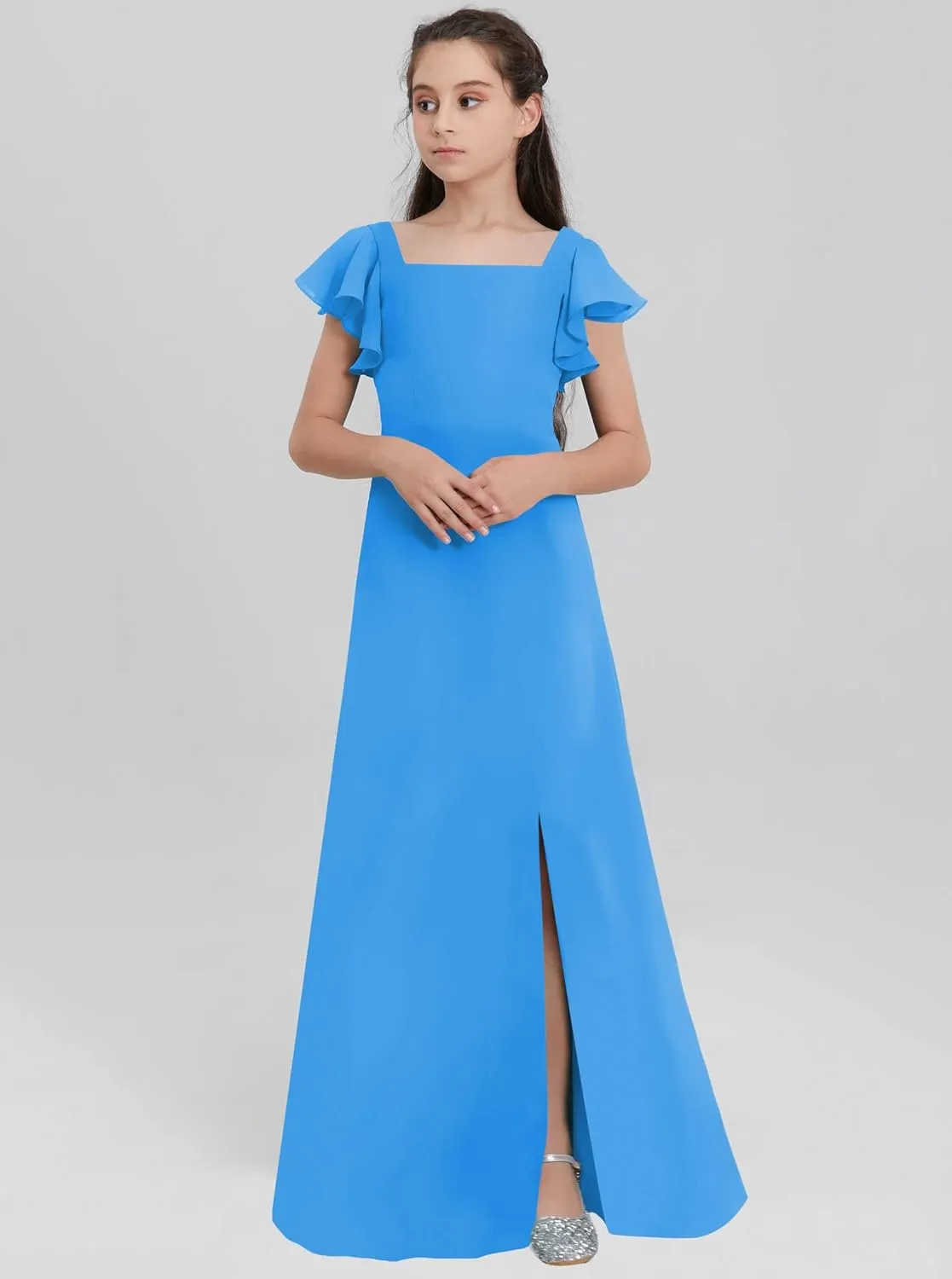 Junior Girls Bridesmaid Dress for Wedding Chiffon Short Sleeve Flower Girl Dresses for Teen with Slit JRN001