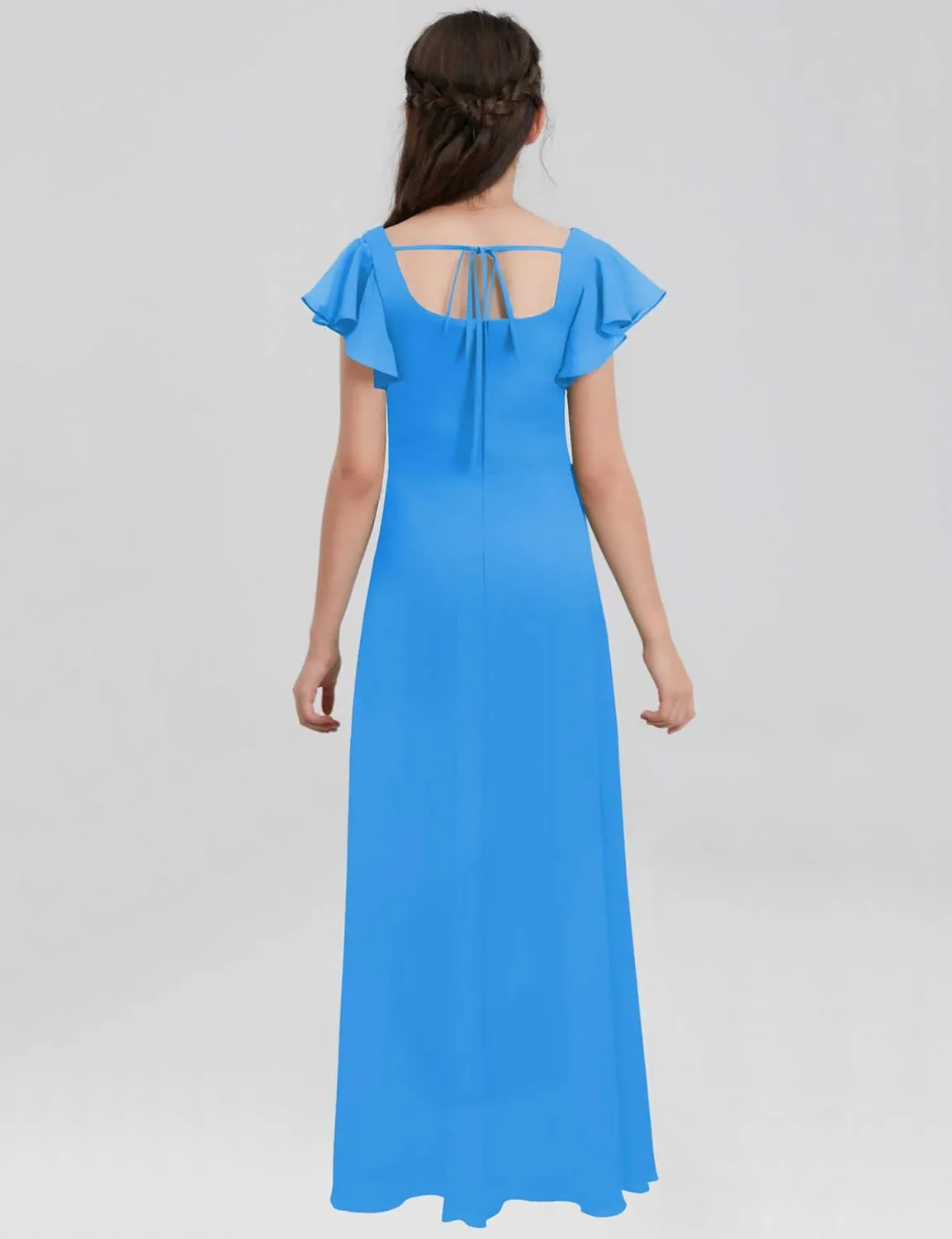 Junior Girls Bridesmaid Dress for Wedding Chiffon Short Sleeve Flower Girl Dresses for Teen with Slit JRN001