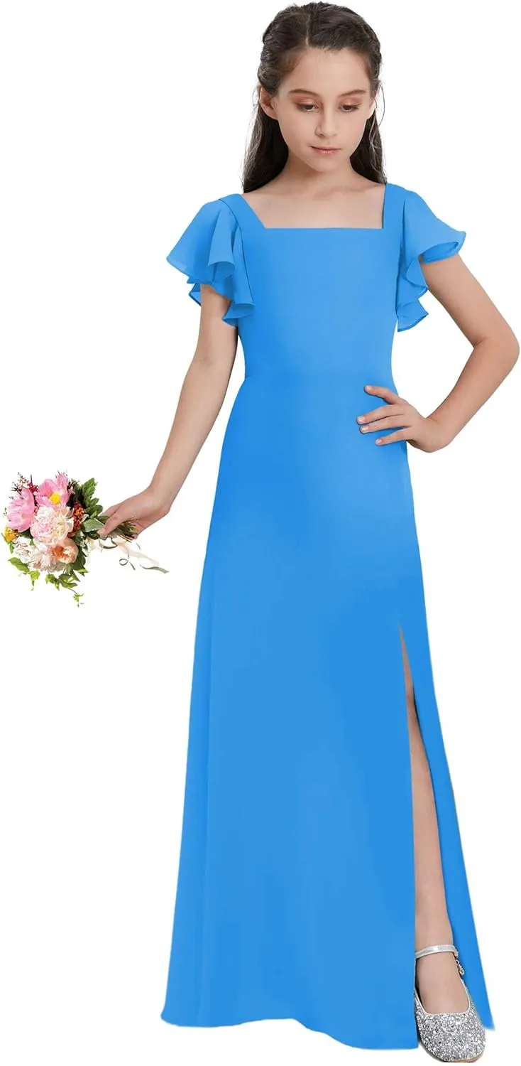 Junior Girls Bridesmaid Dress for Wedding Chiffon Short Sleeve Flower Girl Dresses for Teen with Slit JRN001