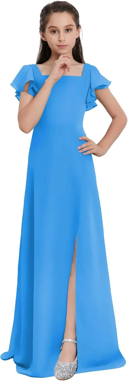 Junior Girls Bridesmaid Dress for Wedding Chiffon Short Sleeve Flower Girl Dresses for Teen with Slit JRN001