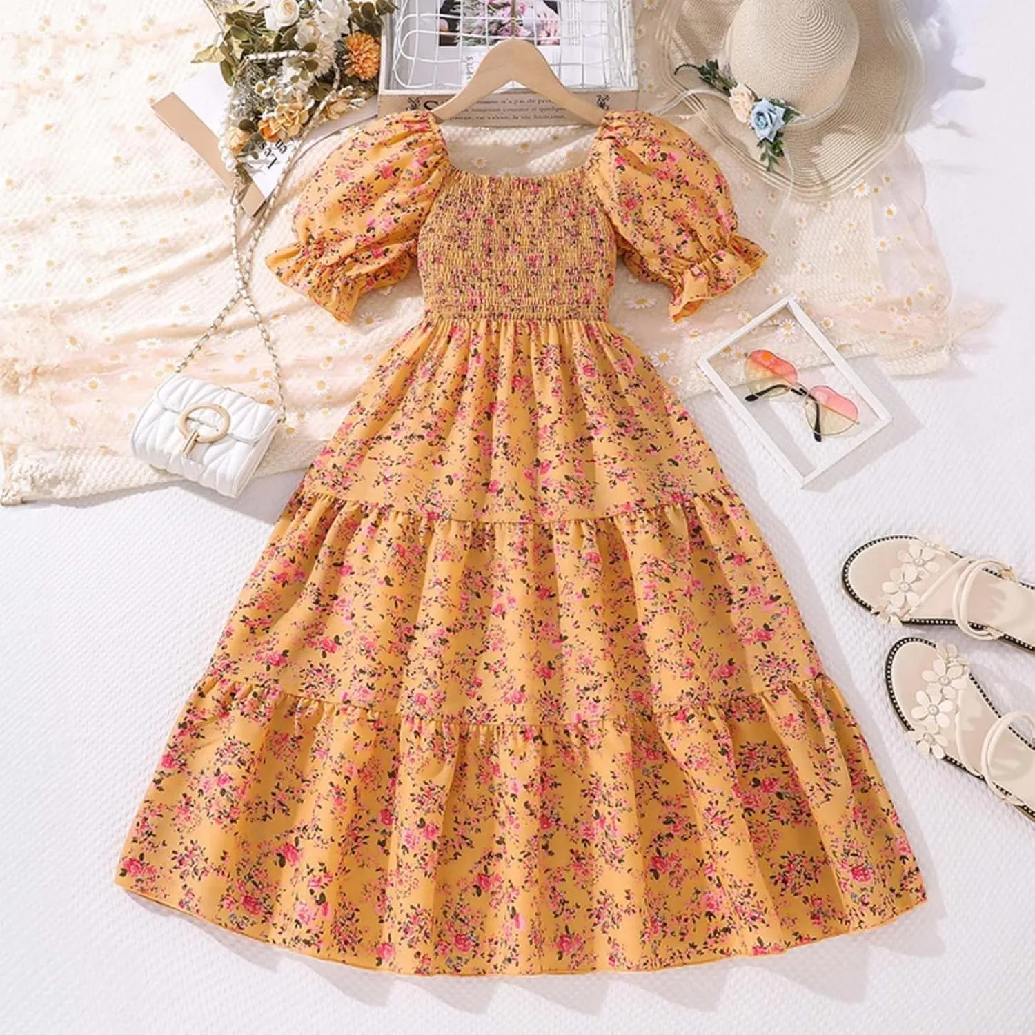 KAGAYD Girls Summer Dresses Square Neck Bubble Sleeve Tie Backless Ruffle A-Line Party Mini Dress