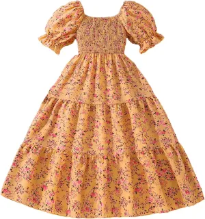 KAGAYD Girls Summer Dresses Square Neck Bubble Sleeve Tie Backless Ruffle A-Line Party Mini Dress